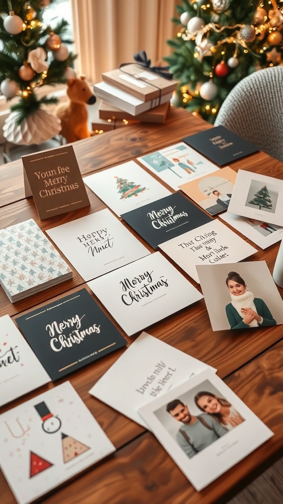 A variety of modern Christmas cards with different designs on a rustic table.